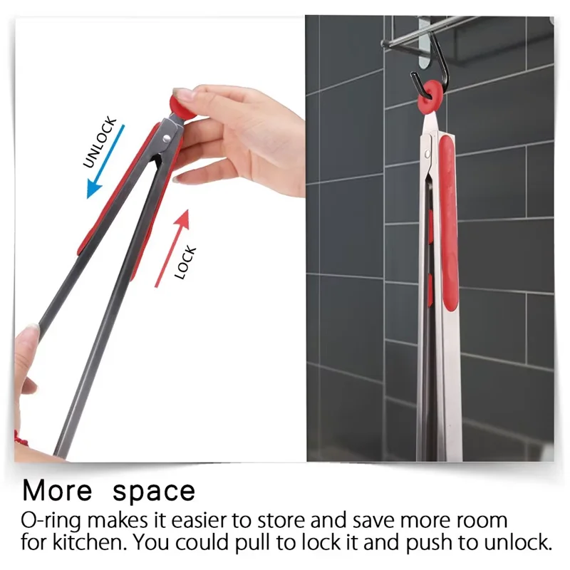 LMETJMA Stainless Steel Cooking Tongs – Heat Resistant BBQ Tongs with Silicone Tips & Stand