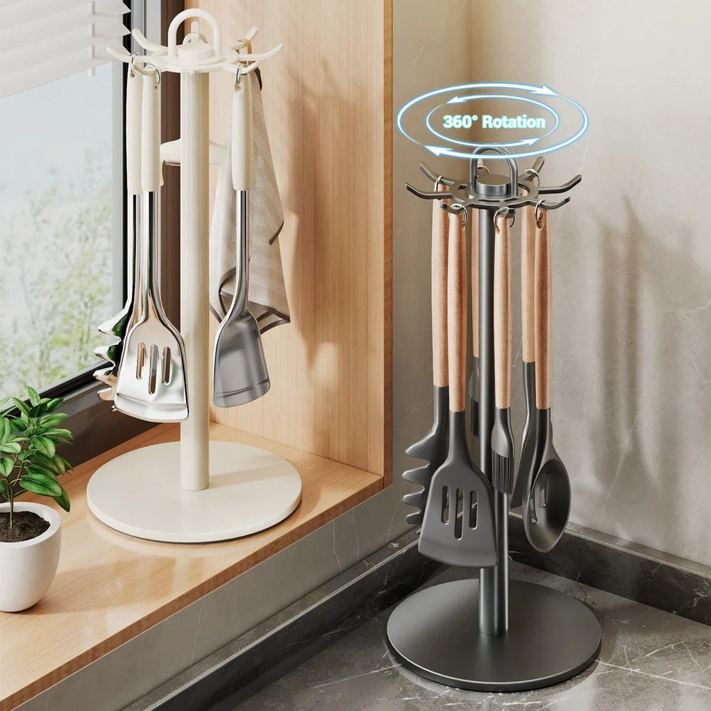 Rotating Kitchen Utensil Stand – 8-Hook Countertop Organizer with 360° Rotation