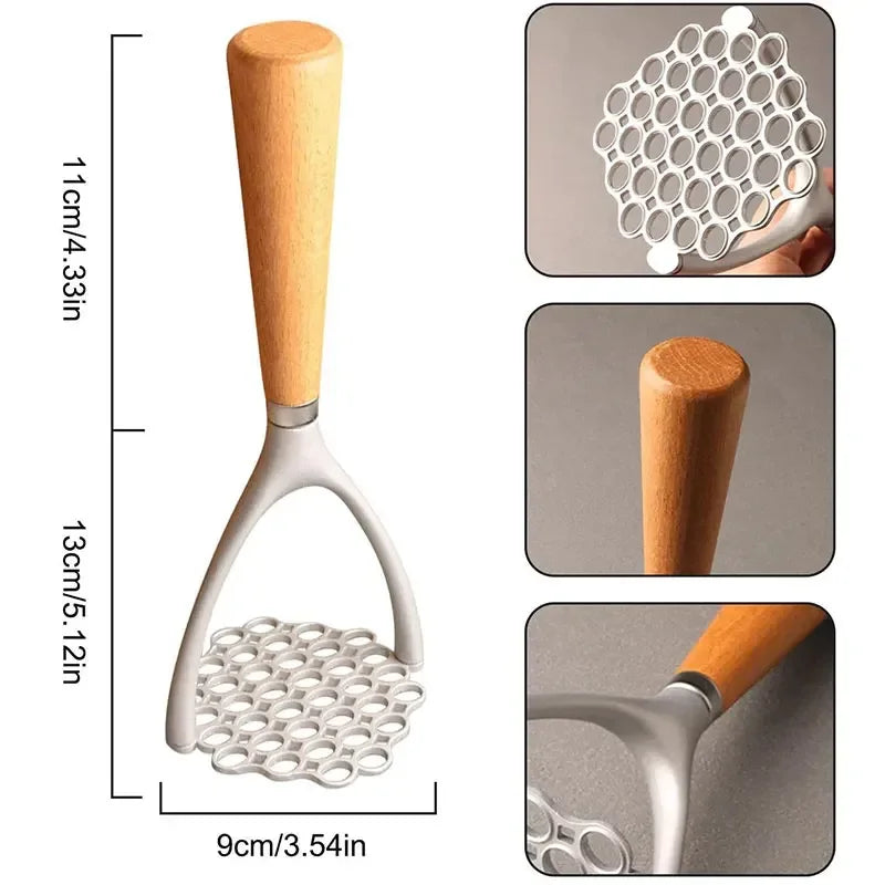Aluminum Manual Potato Masher – Wood Handle Multi-Purpose Food Crusher