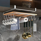Stainless Steel Hanging Kitchen Storage Rack with Hooks – Paper Towel, Utensil & Cutting Board Holder