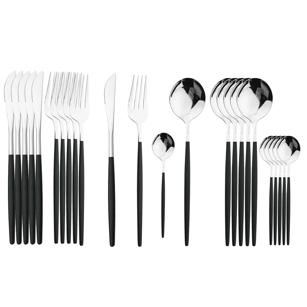 Black Handle Golden Cutlery Set – 24Pcs Stainless Steel Knife, Fork & Spoon Dinnerware